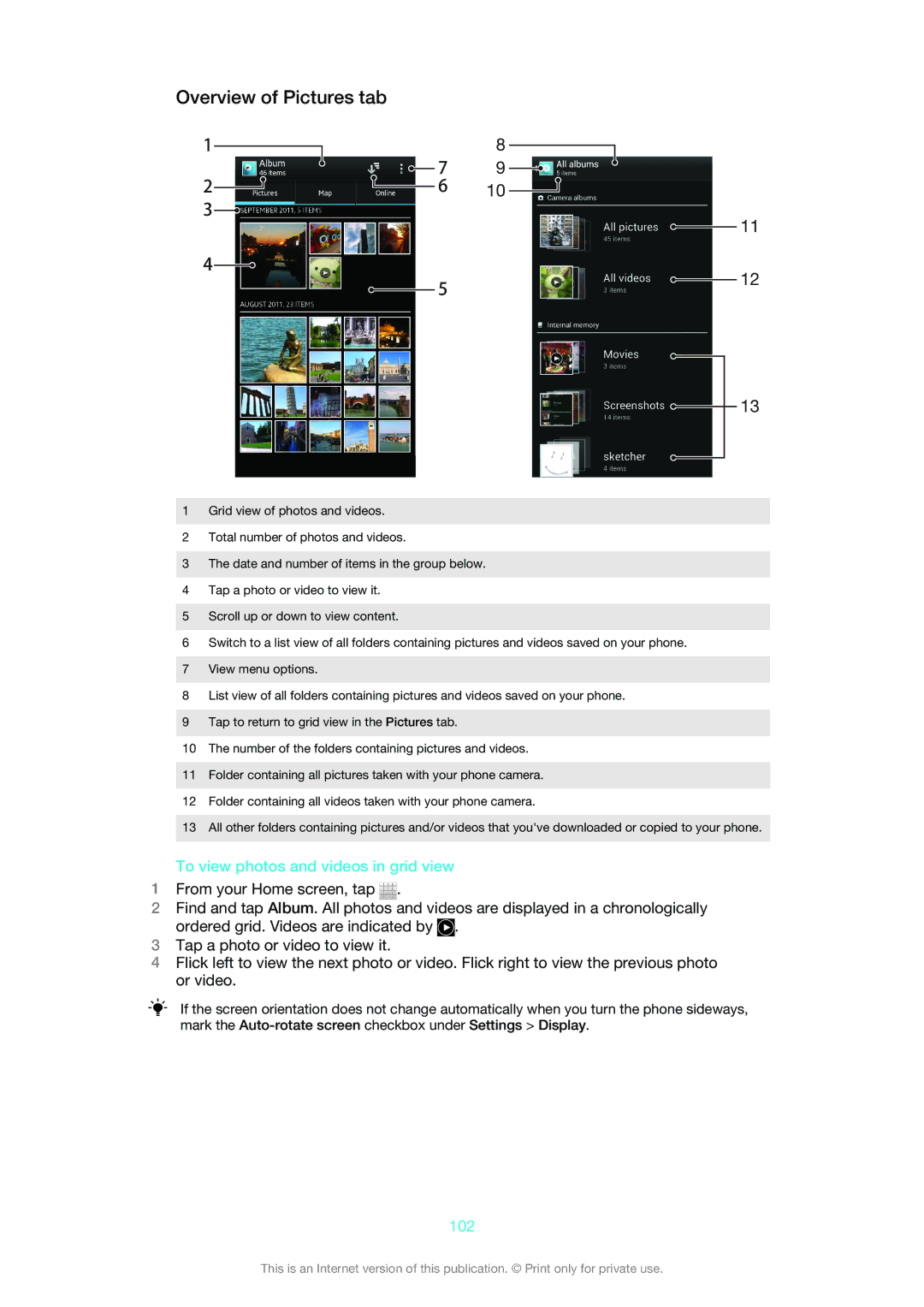 Sony LT30at manual Overview of Pictures tab, To view photos and videos in grid view, 102 