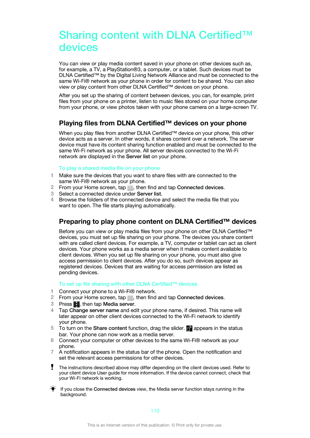 Sony LT30at manual Sharing content with Dlna Certified devices, Playing files from Dlna Certified devices on your phone 