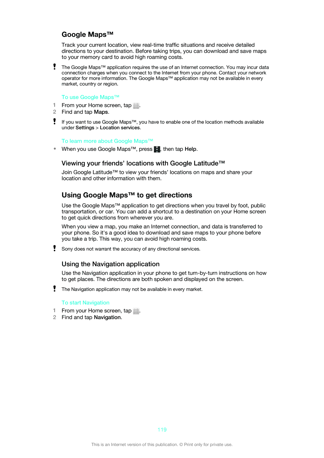 Sony LT30at manual Using Google Maps to get directions, Viewing your friends’ locations with Google Latitude 
