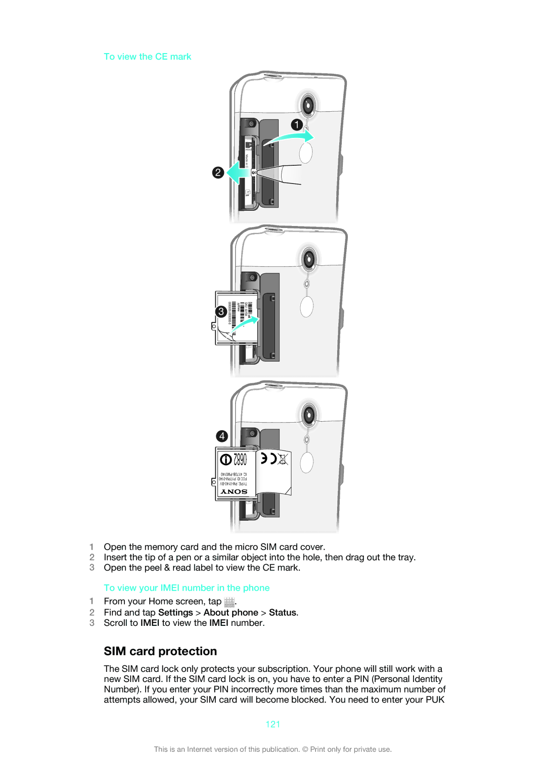 Sony LT30at manual SIM card protection, To view the CE mark, To view your Imei number in the phone, 121 