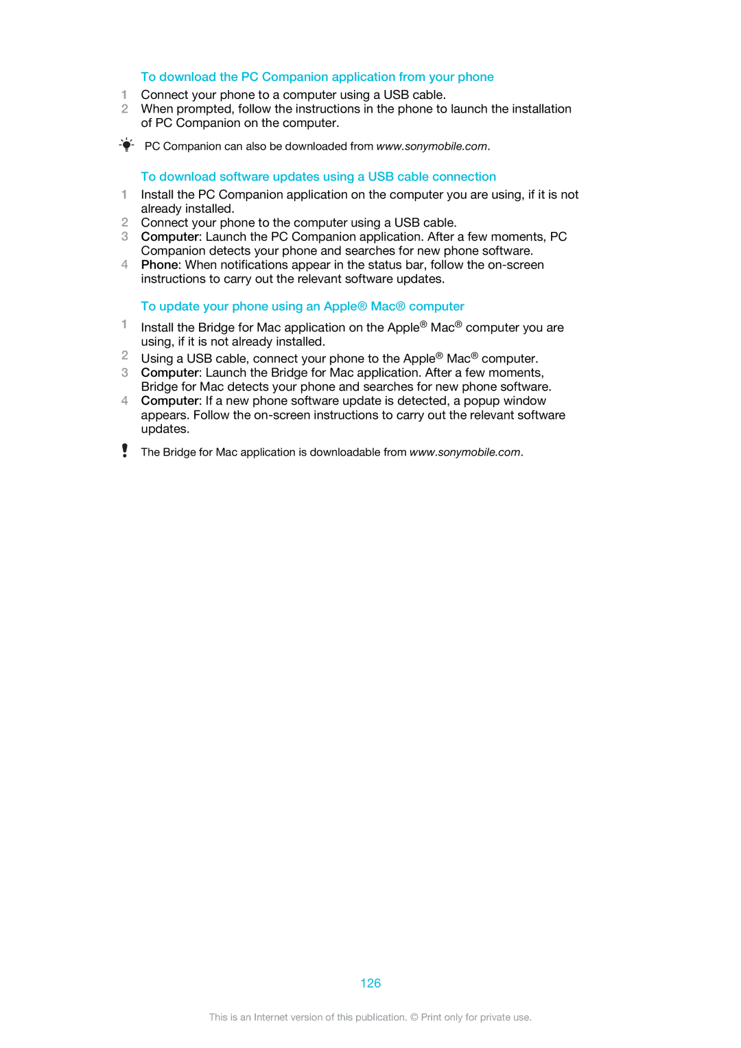 Sony LT30at To download the PC Companion application from your phone, To update your phone using an Apple Mac computer 