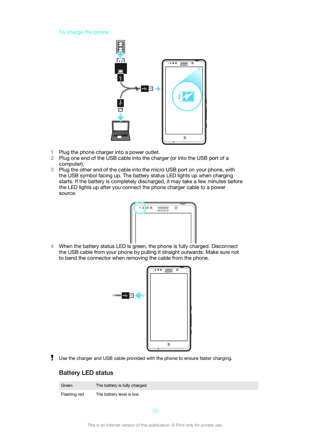 Sony LT30at manual Battery LED status, To charge the phone 