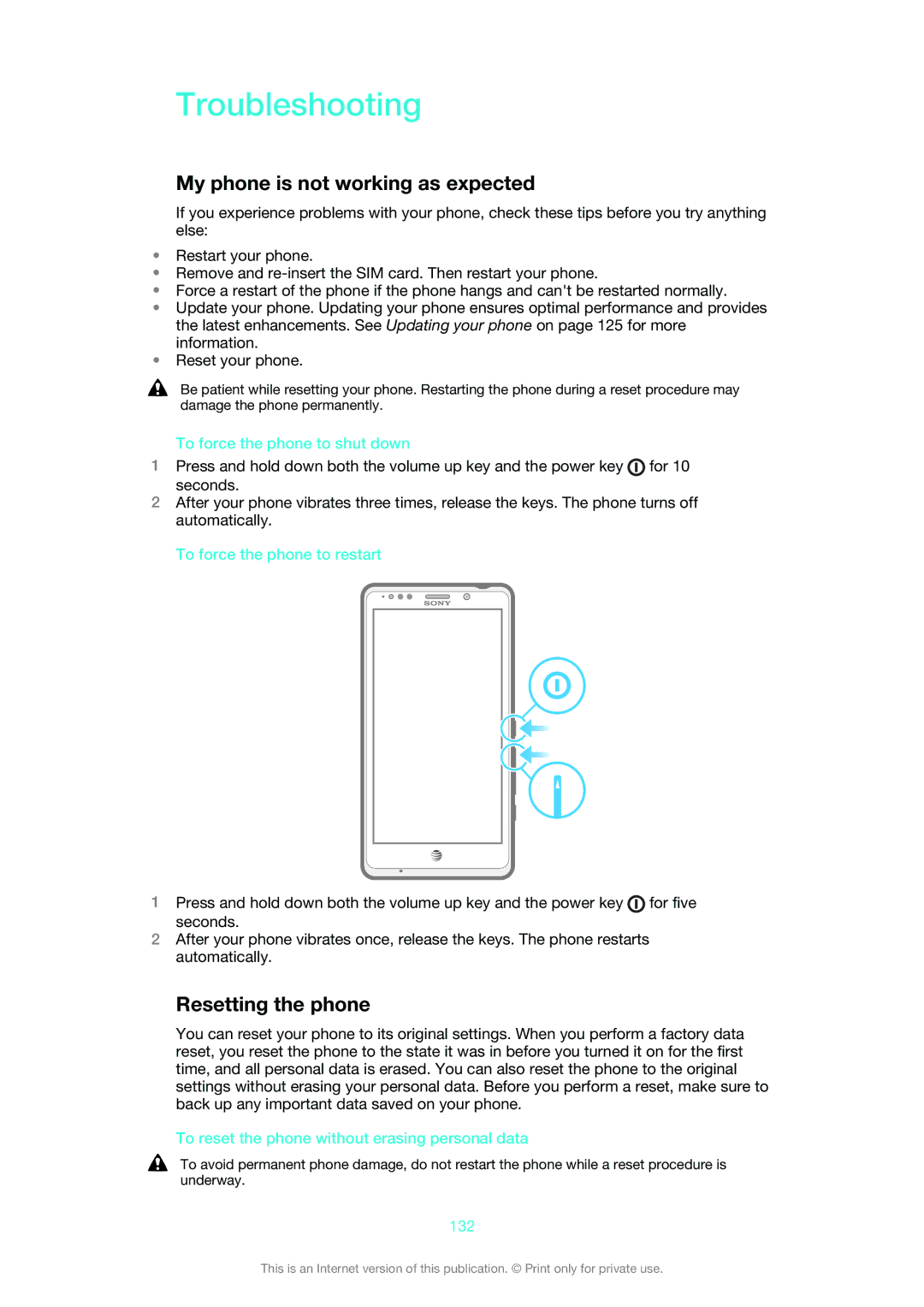 Sony LT30at manual Troubleshooting, My phone is not working as expected, Resetting the phone 