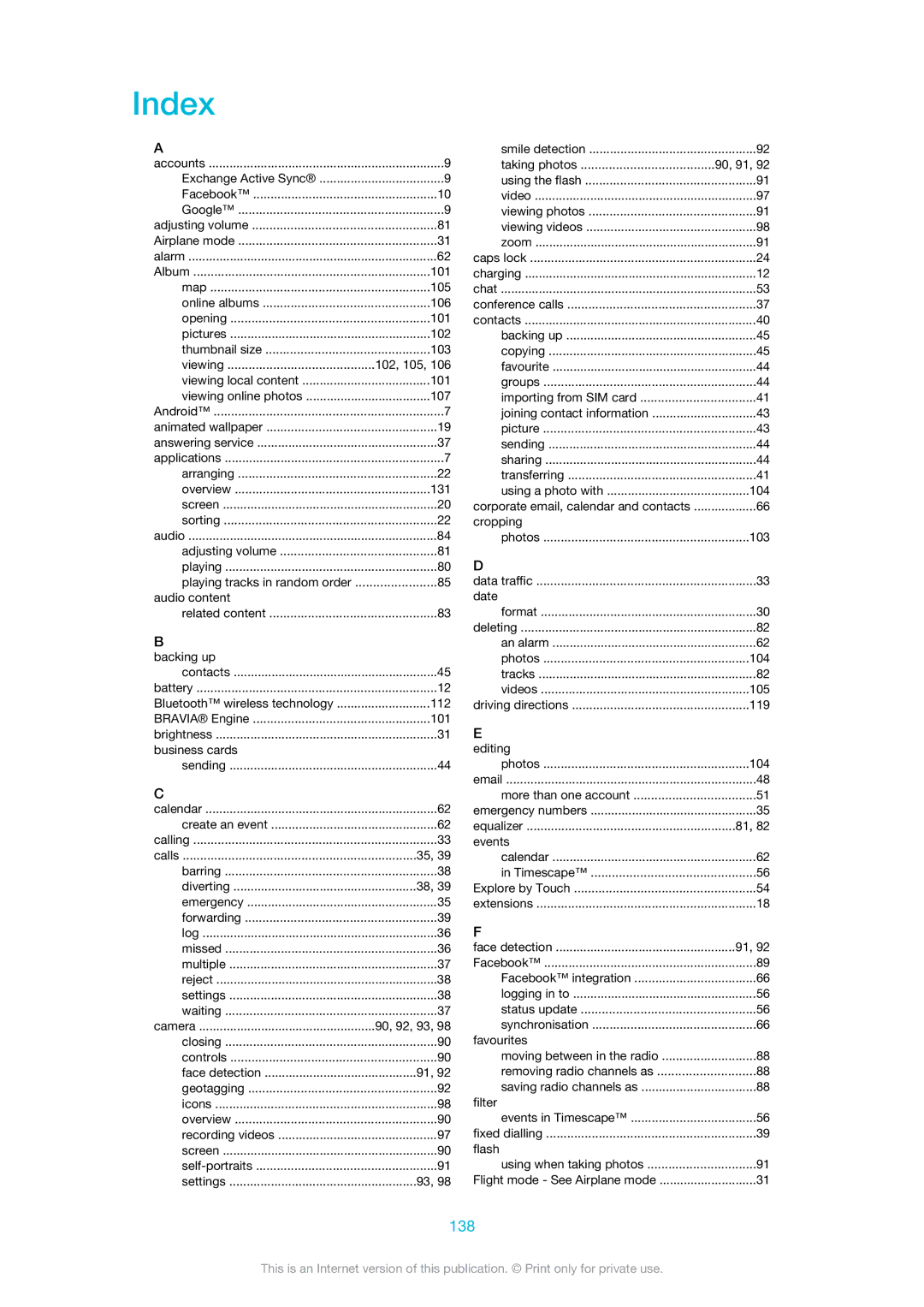 Sony LT30at manual Index, 138 