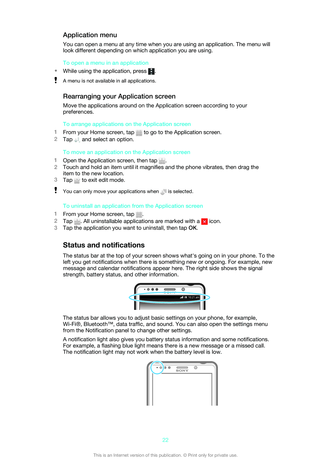 Sony LT30at manual Status and notifications, Application menu, Rearranging your Application screen 