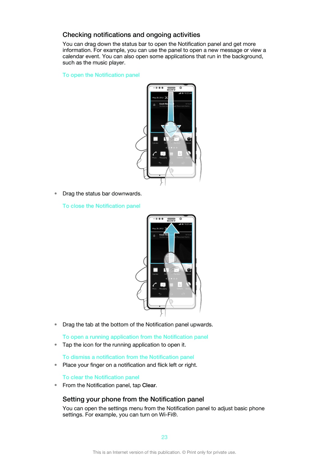 Sony LT30at manual Checking notifications and ongoing activities, Setting your phone from the Notification panel 