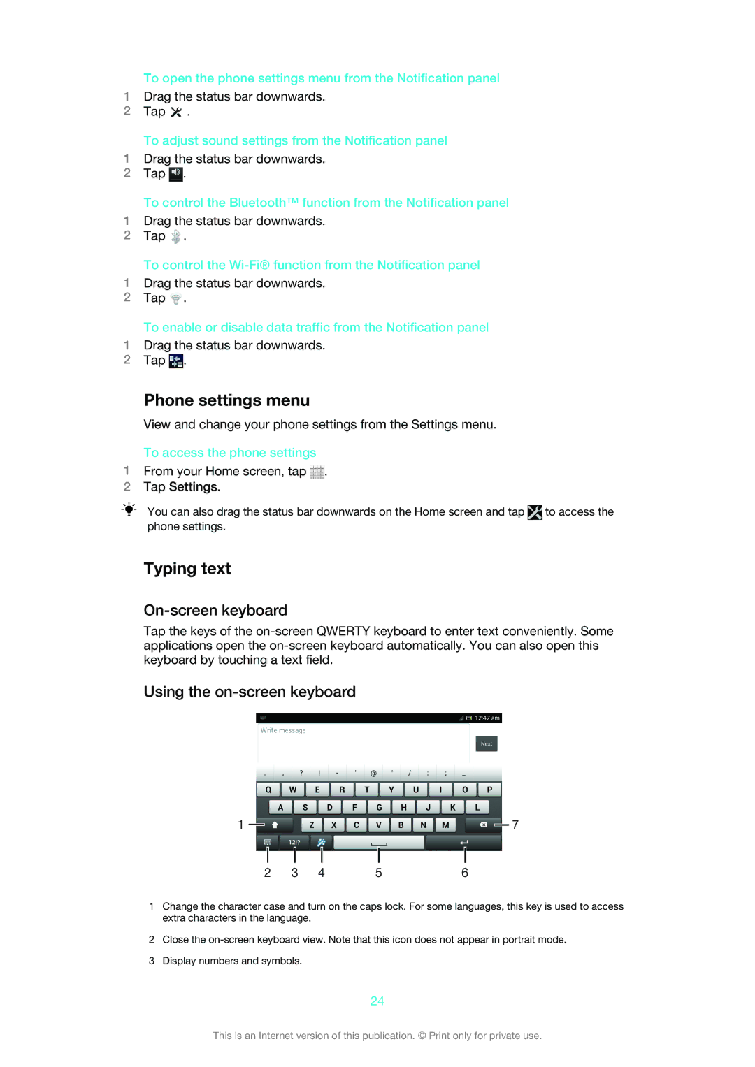 Sony LT30at manual Phone settings menu, Typing text, On-screen keyboard, Using the on-screen keyboard 