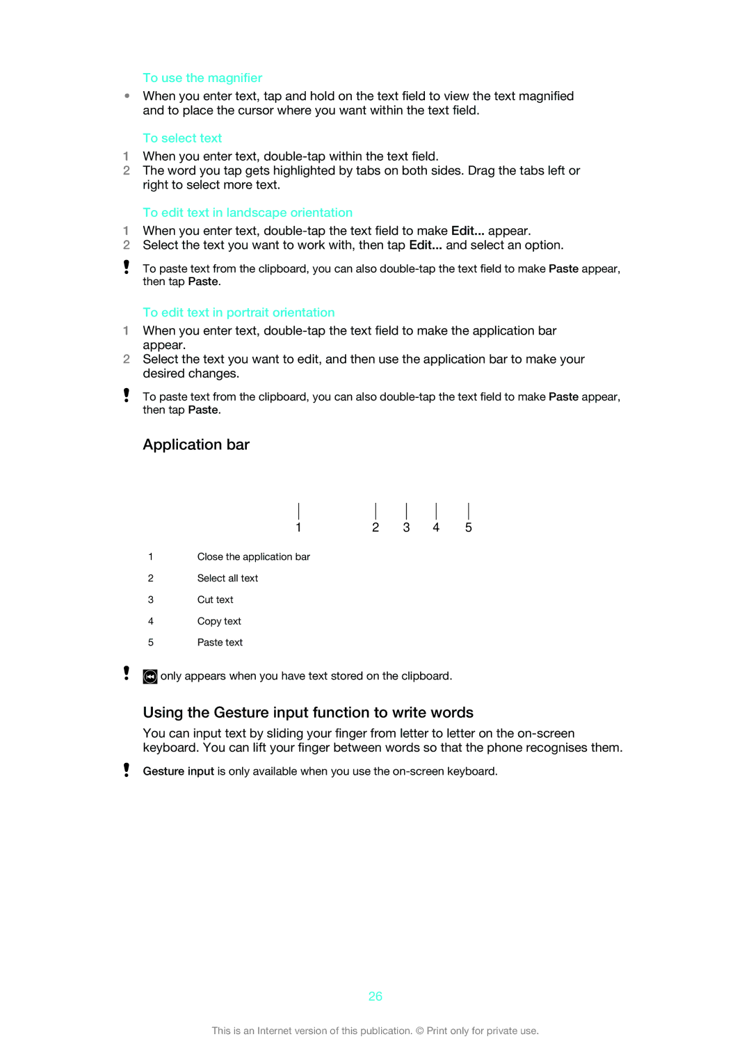 Sony LT30at manual Application bar, Using the Gesture input function to write words 