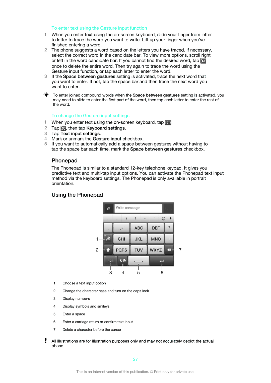 Sony LT30at Using the Phonepad, To enter text using the Gesture input function, To change the Gesture input settings 