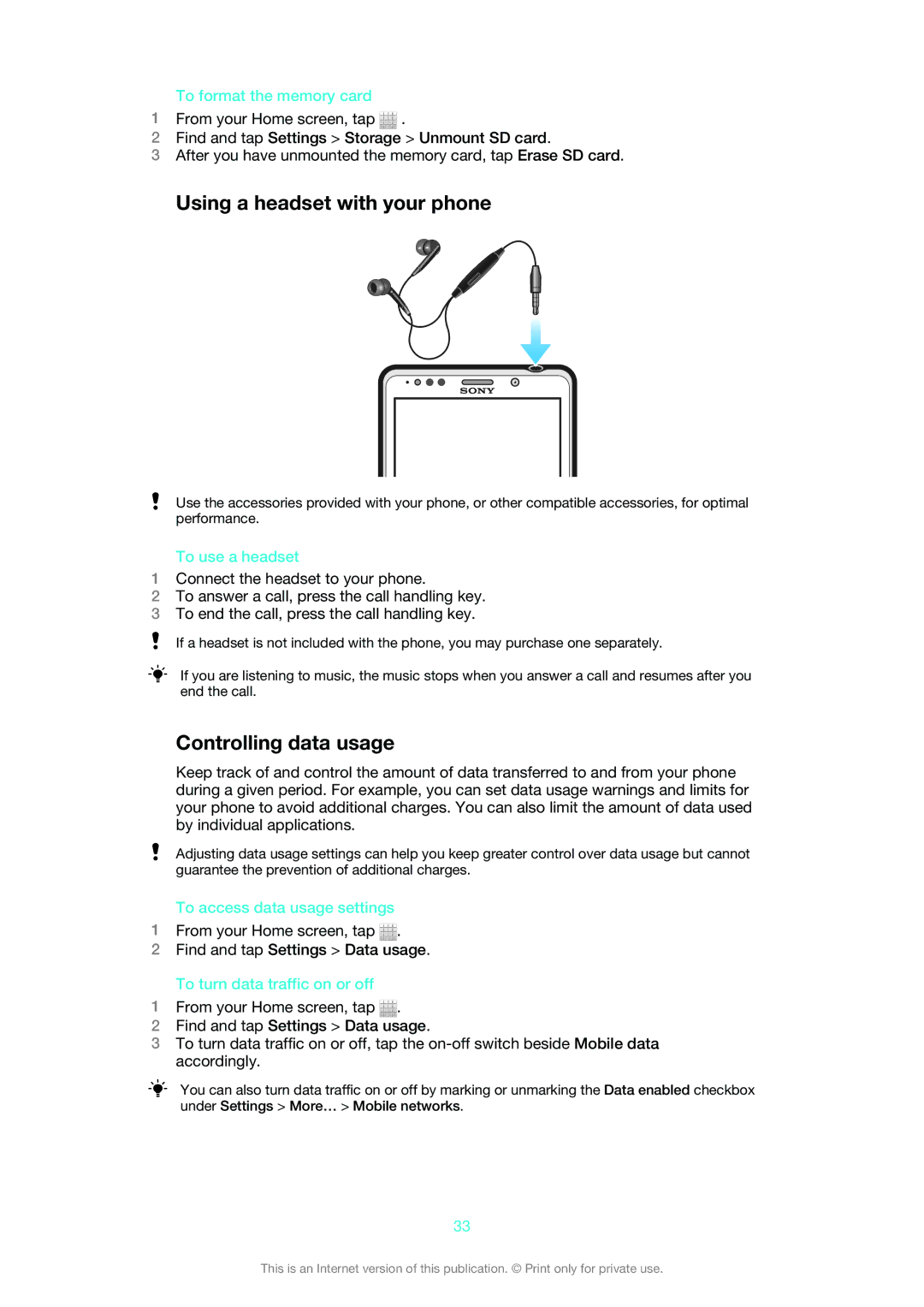 Sony LT30at manual Using a headset with your phone, Controlling data usage 