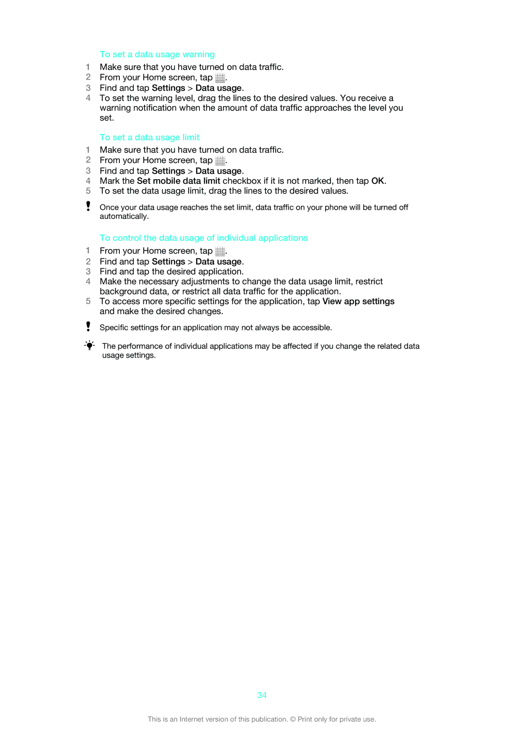 Sony LT30at To set a data usage warning, To set a data usage limit, To control the data usage of individual applications 