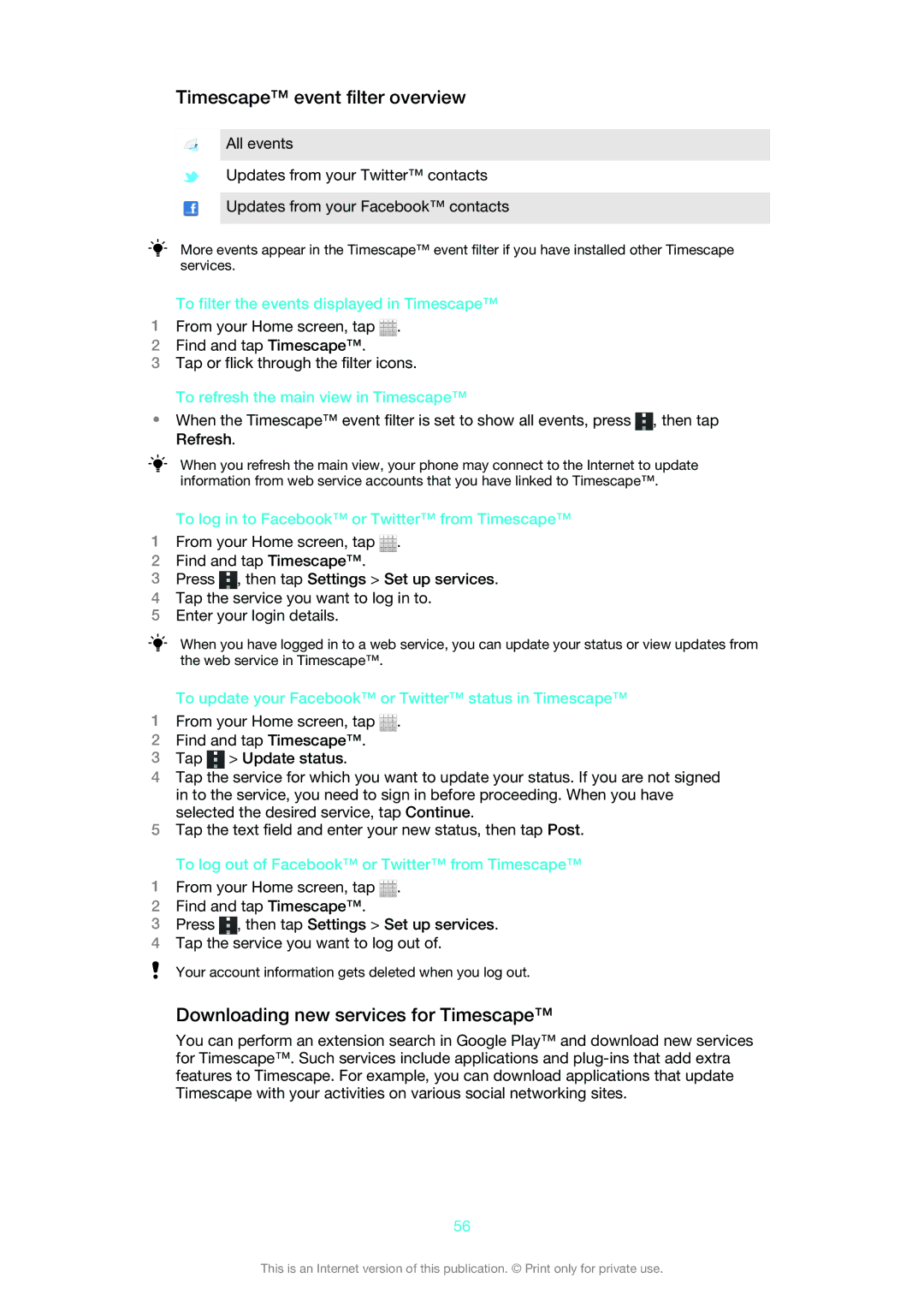 Sony LT30at manual Timescape event filter overview, Downloading new services for Timescape 