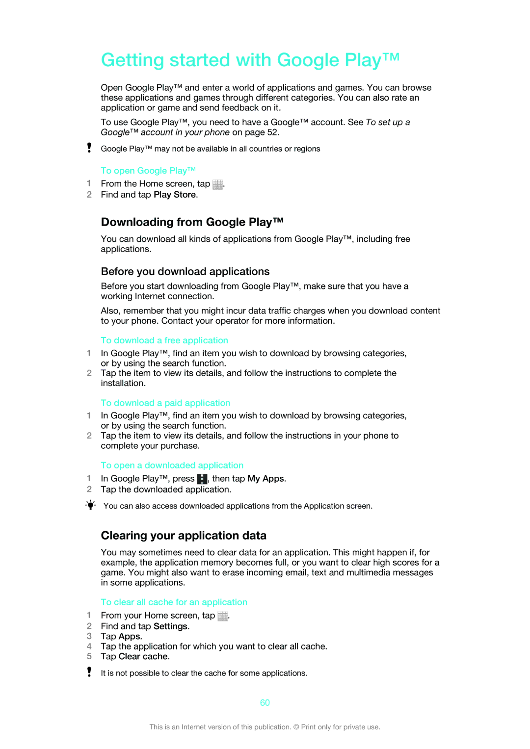 Sony LT30at manual Getting started with Google Play, Downloading from Google Play, Clearing your application data 