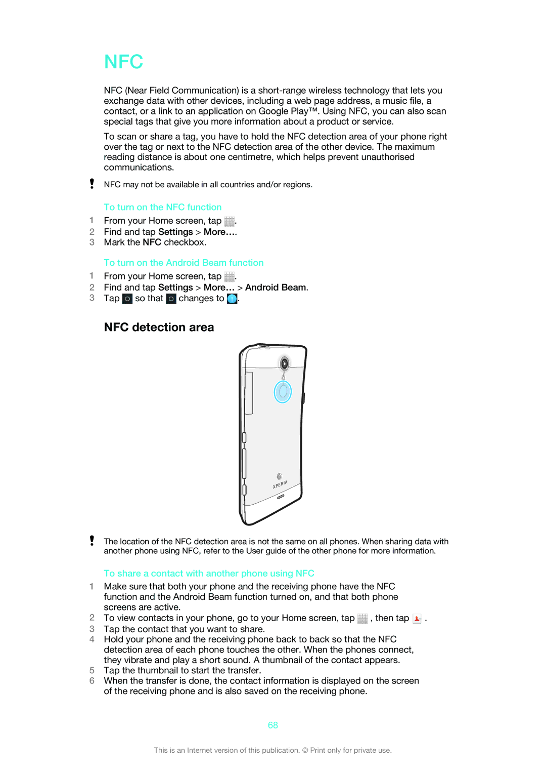 Sony LT30at manual NFC detection area, To turn on the NFC function, To turn on the Android Beam function 