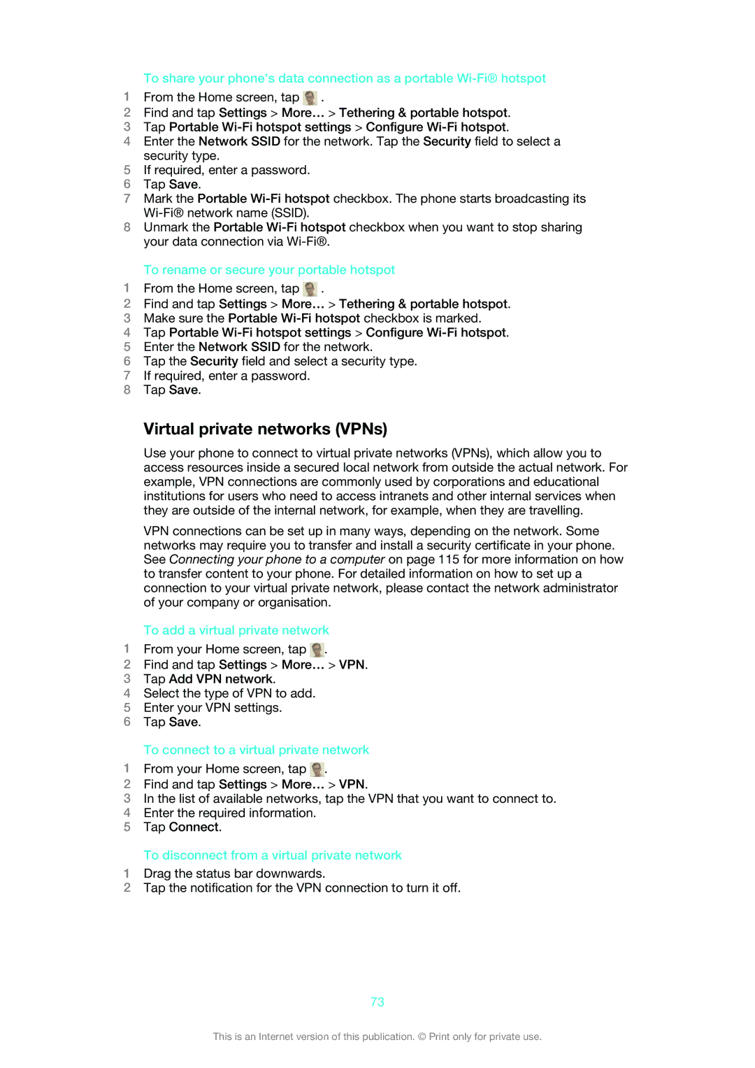 Sony LT30at Virtual private networks VPNs, To rename or secure your portable hotspot, To add a virtual private network 