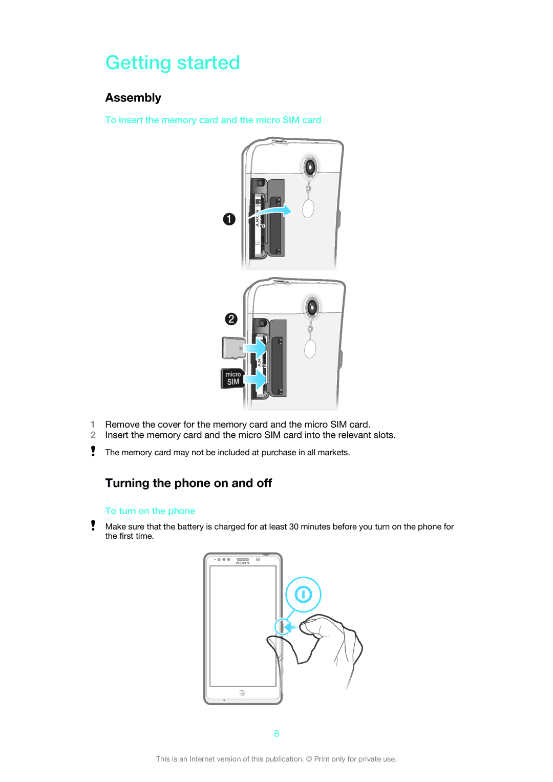 Sony LT30at Getting started, Assembly, Turning the phone on and off, To insert the memory card and the micro SIM card 