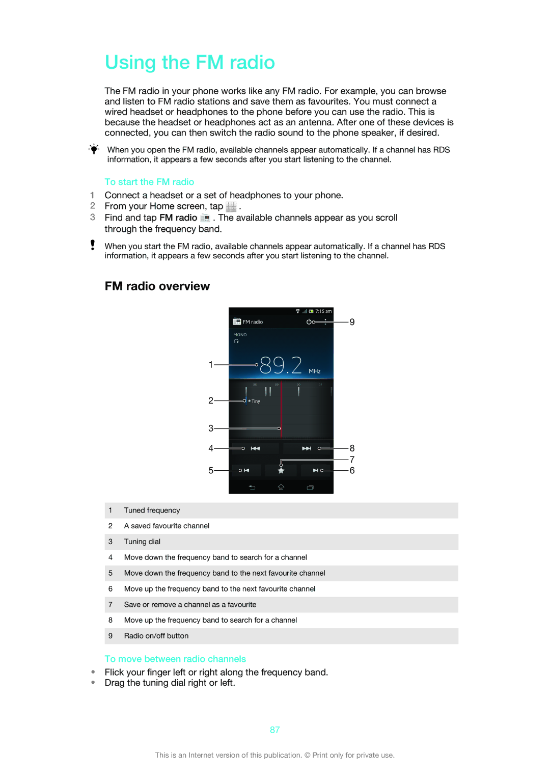 Sony LT30at manual Using the FM radio, FM radio overview, To start the FM radio, To move between radio channels 