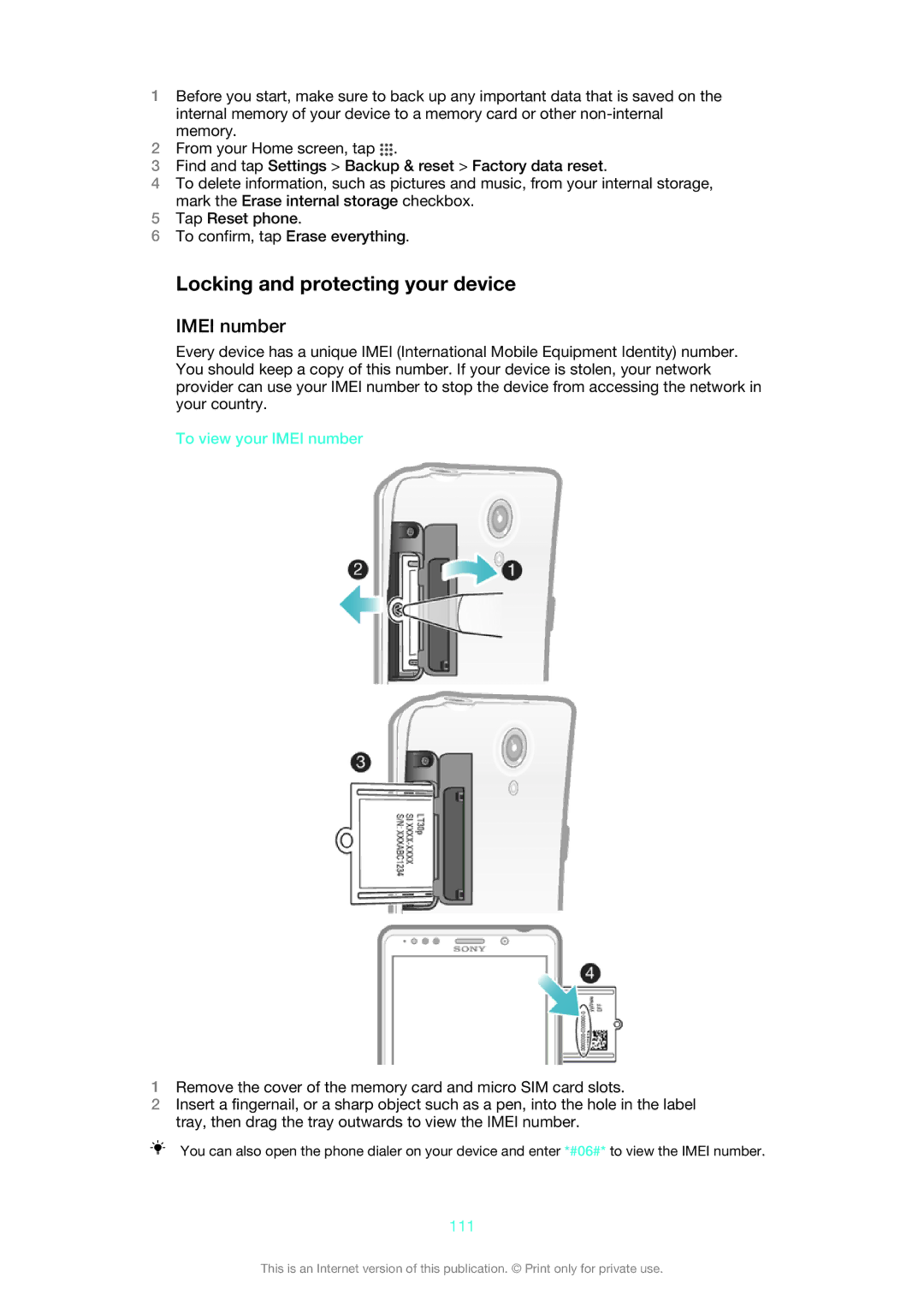 Sony LT30p manual Locking and protecting your device, To view your Imei number, 111 