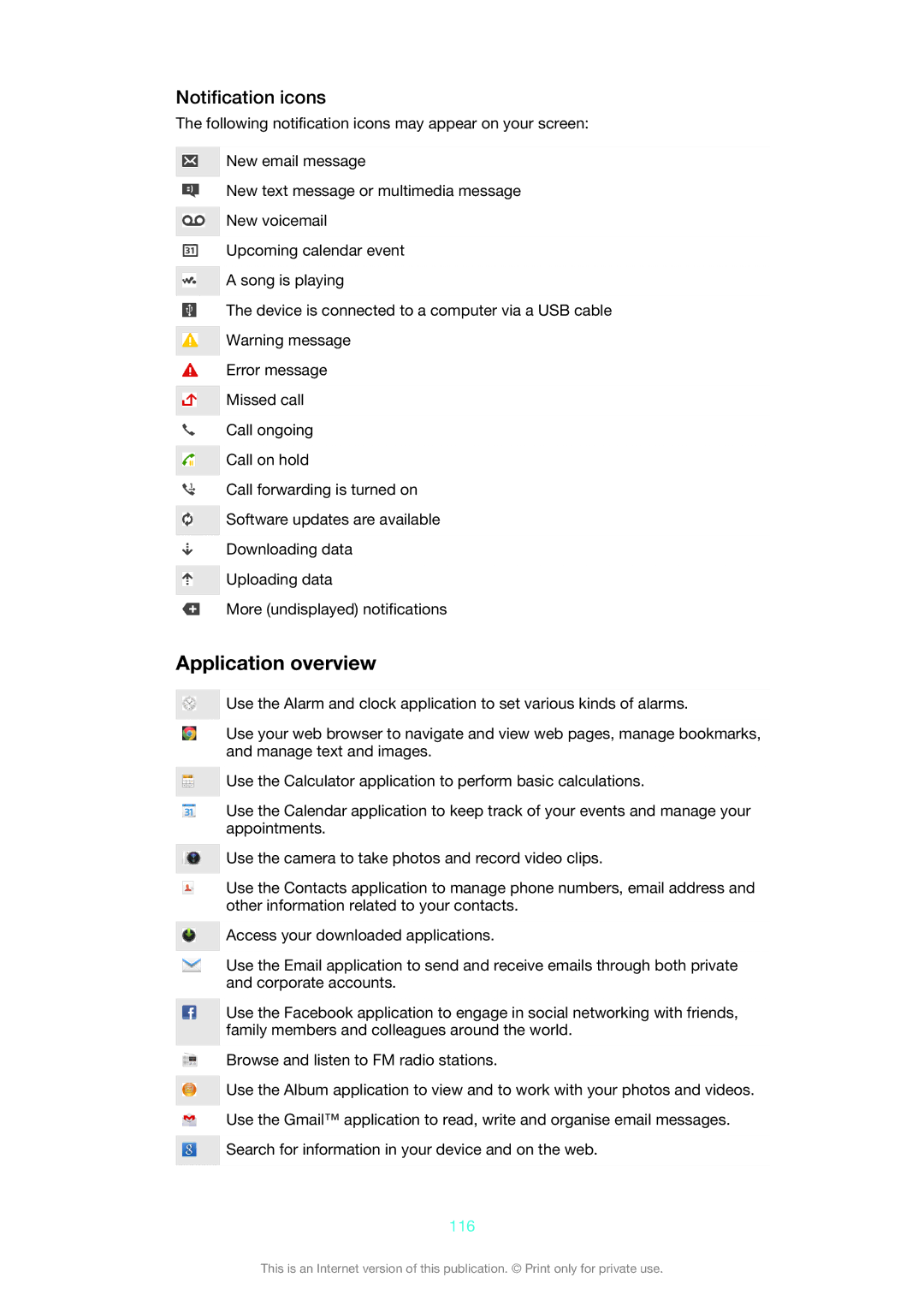 Sony LT30p manual Application overview, Notification icons, 116 