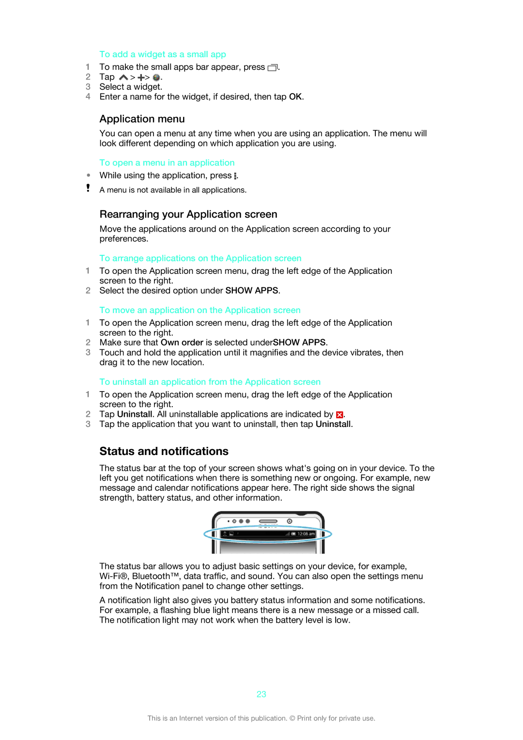 Sony LT30p manual Status and notifications, Application menu, Rearranging your Application screen 