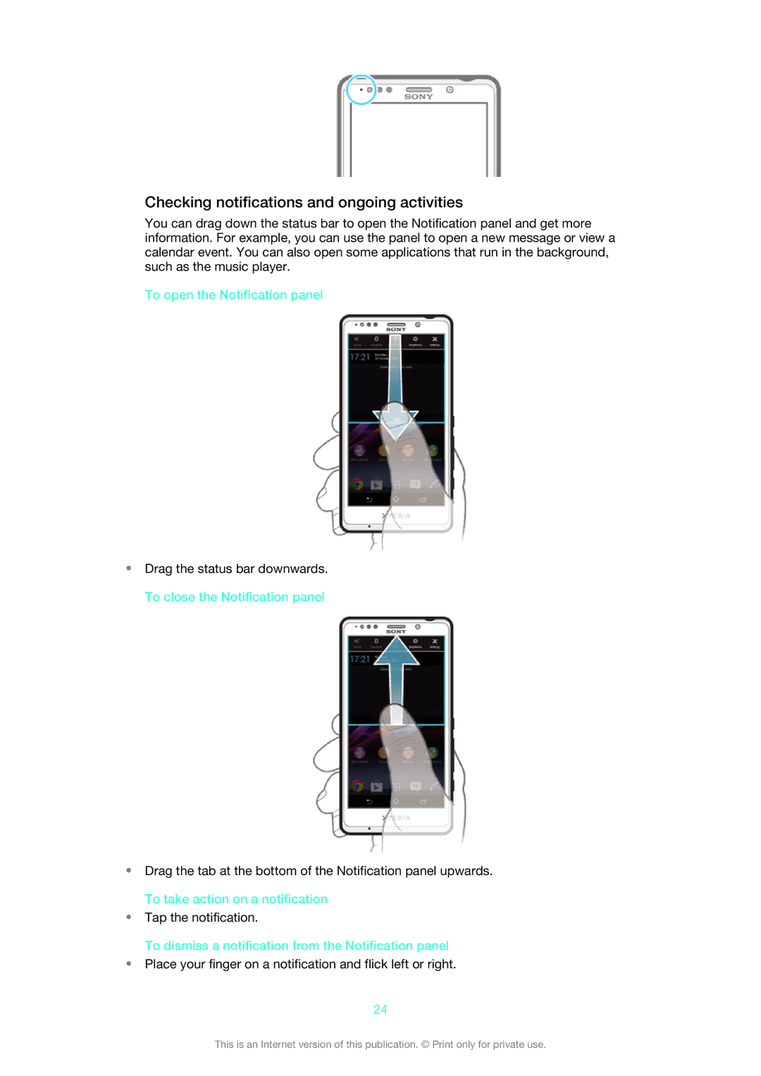 Sony LT30p manual Checking notifications and ongoing activities, To open the Notification panel 