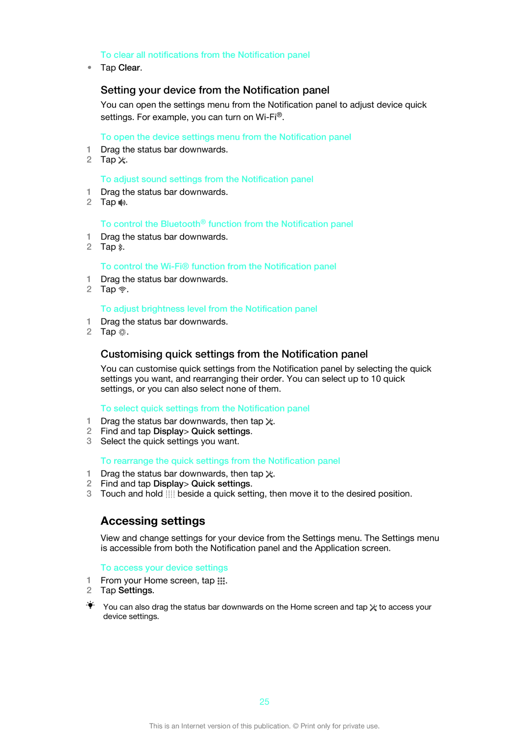 Sony LT30p manual Accessing settings, Setting your device from the Notification panel 