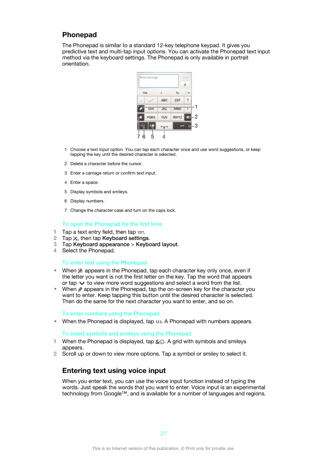 Sony LT30p manual Phonepad, Entering text using voice input 