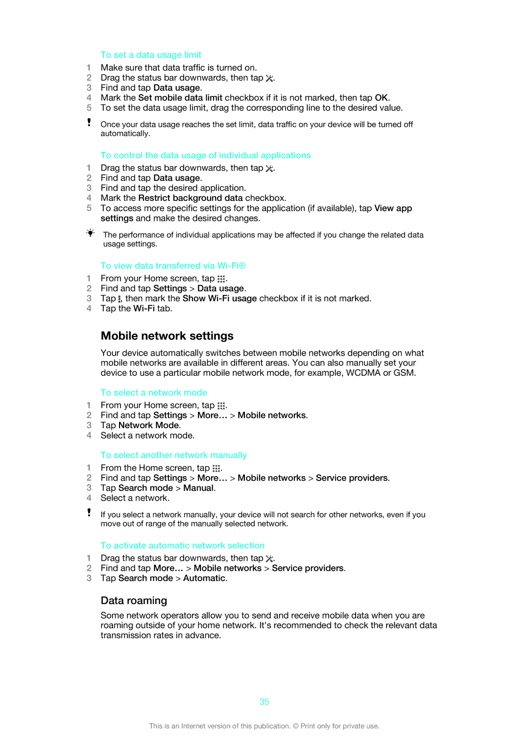 Sony LT30p manual Mobile network settings, Data roaming 