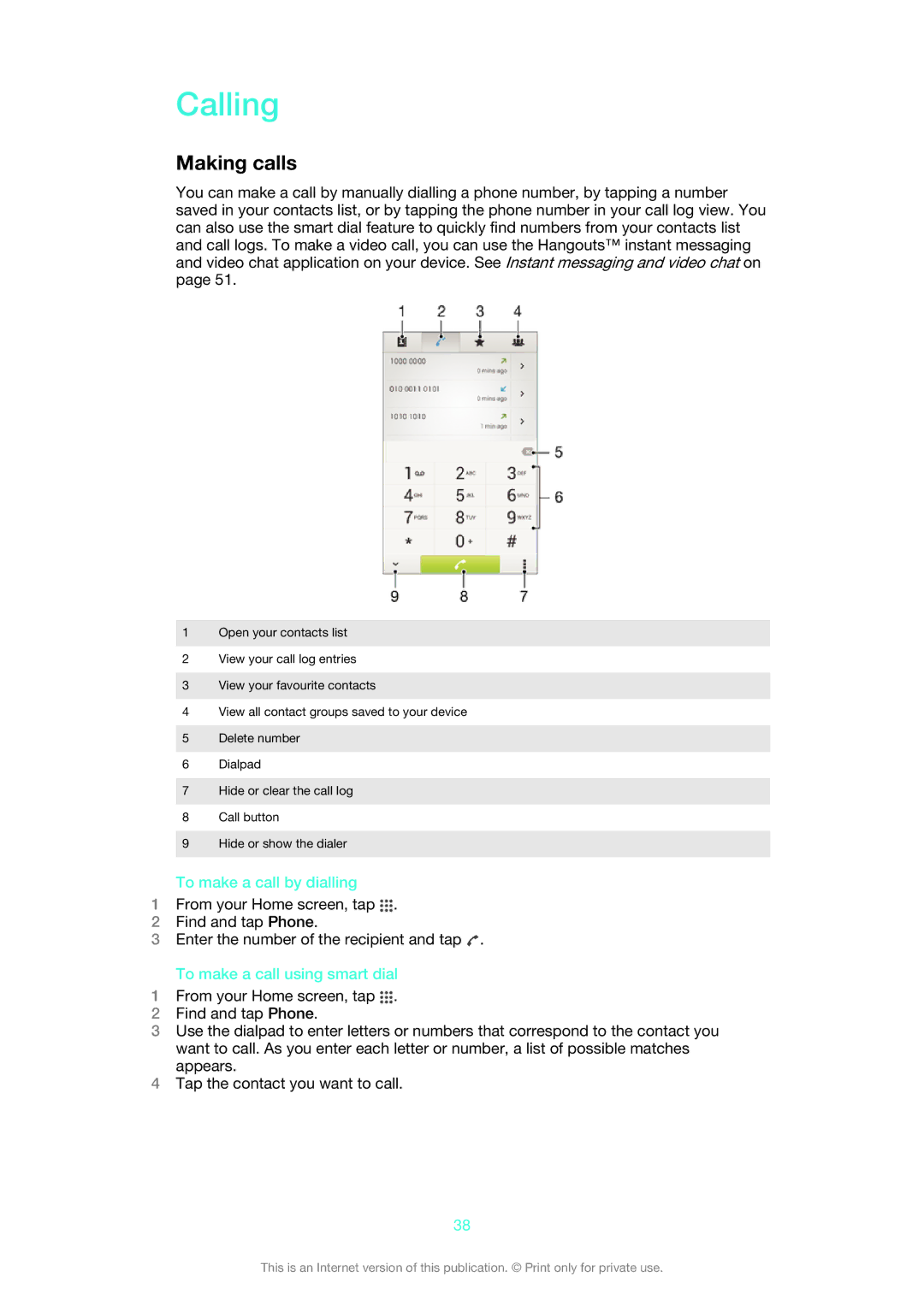 Sony LT30p manual Calling, Making calls, To make a call by dialling, To make a call using smart dial 