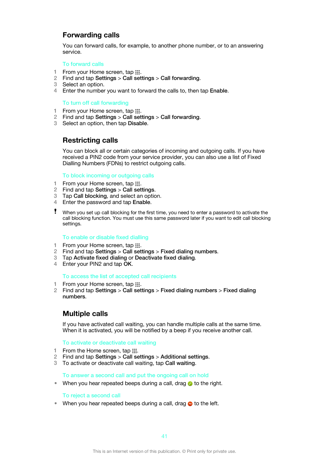 Sony LT30p manual Forwarding calls, Restricting calls, Multiple calls 