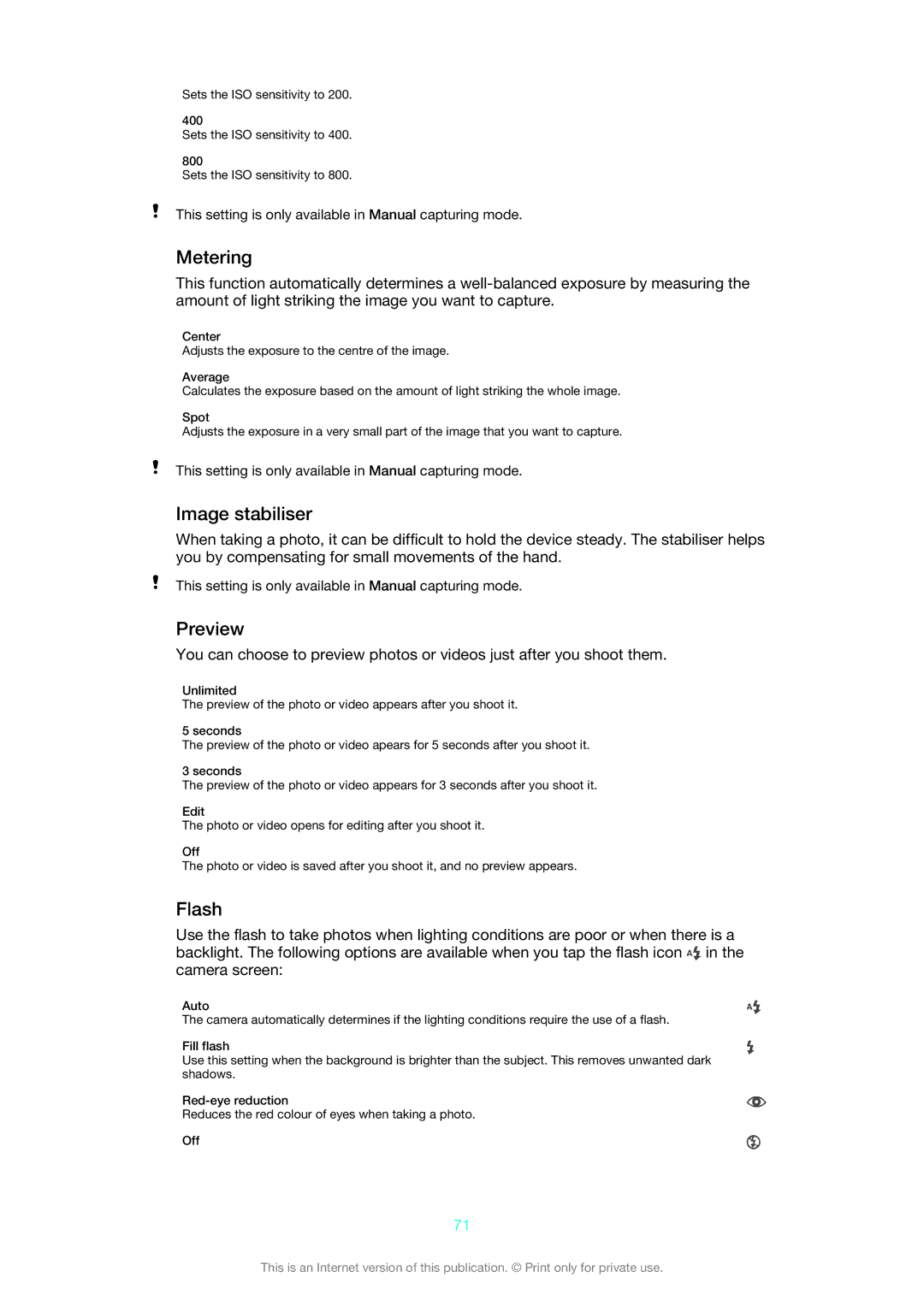 Sony LT30p manual Metering, Image stabiliser, Preview, Flash 