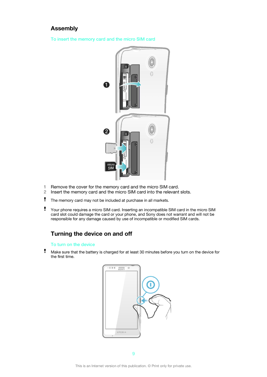 Sony LT30p manual Assembly, Turning the device on and off, To insert the memory card and the micro SIM card 