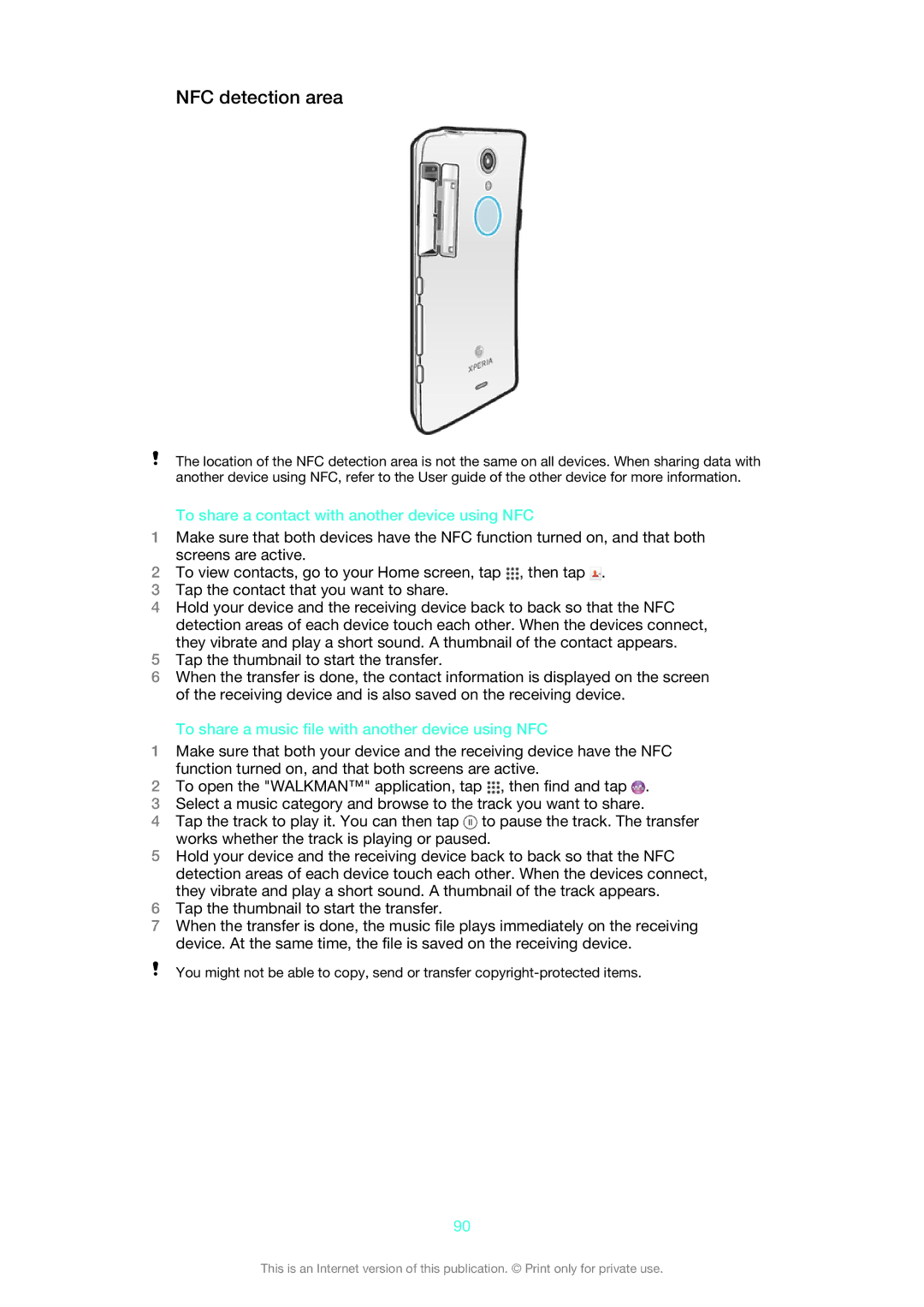 Sony LT30p manual NFC detection area, To share a contact with another device using NFC 