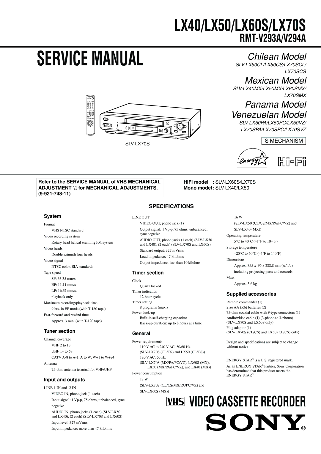 Sony LX70S, RMT-V294A, LX60S, LX40, LX50 service manual RMT-V293A/V294A, Specifications 