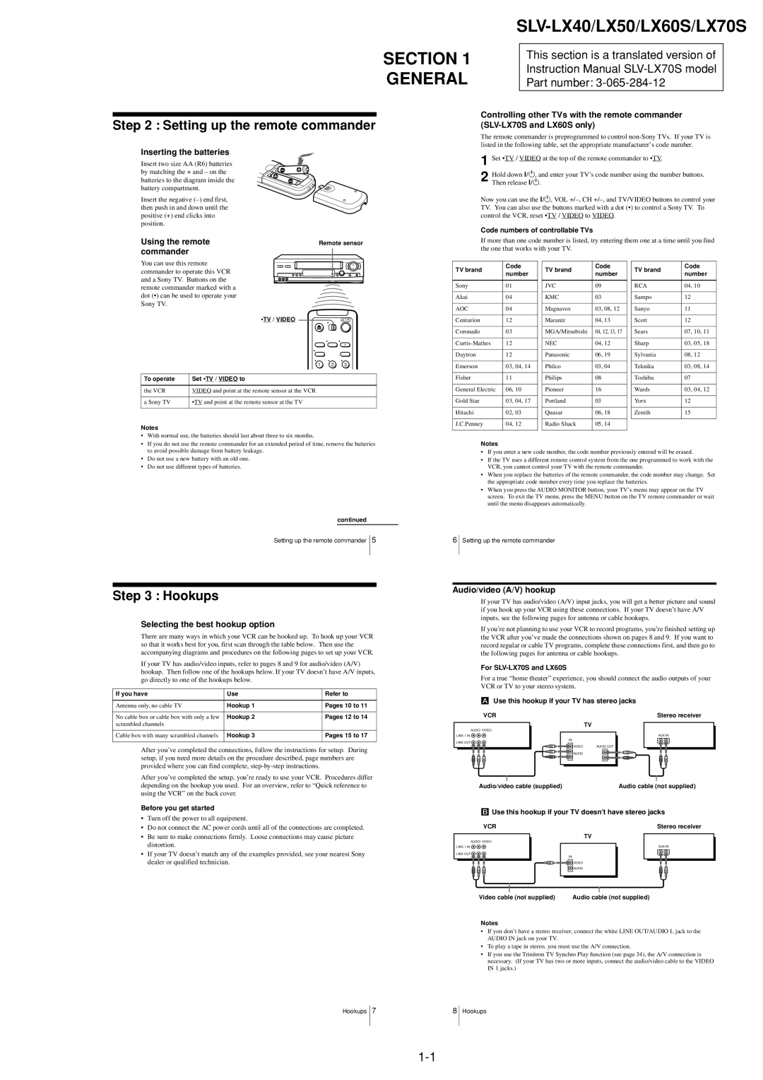 Sony LX50, LX70S, RMT-V293A, RMT-V294A, LX60S, LX40 service manual Hookups, Setting up the remote commander 