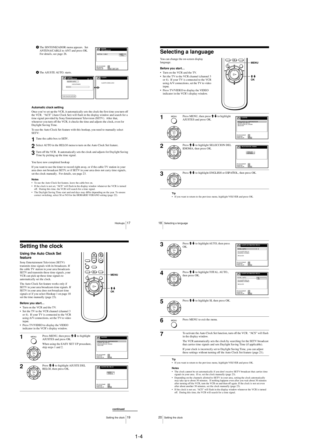 Sony RMT-V294A, LX70S, RMT-V293A, LX60S, LX40, LX50 Selecting a language, Setting the clock, Using the Auto Clock Set feature 