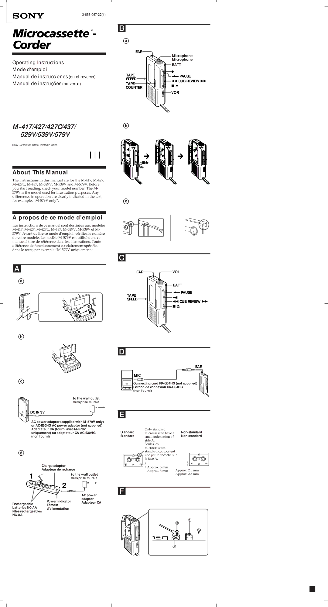 Sony 427C, M-417, 529V, 437, 579V operating instructions About This Manual, Propos de ce mode d’emploi, Ear, Rec/Batt 