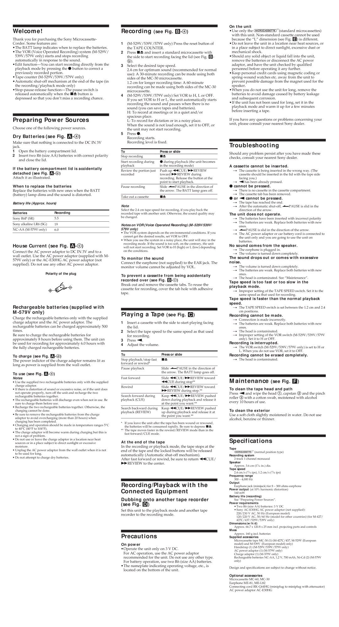 Sony 529V, M-417 Welcome, Preparing Power Sources, Troubleshooting, Playing a Tape see Fig. C, Precautions, Specifications 