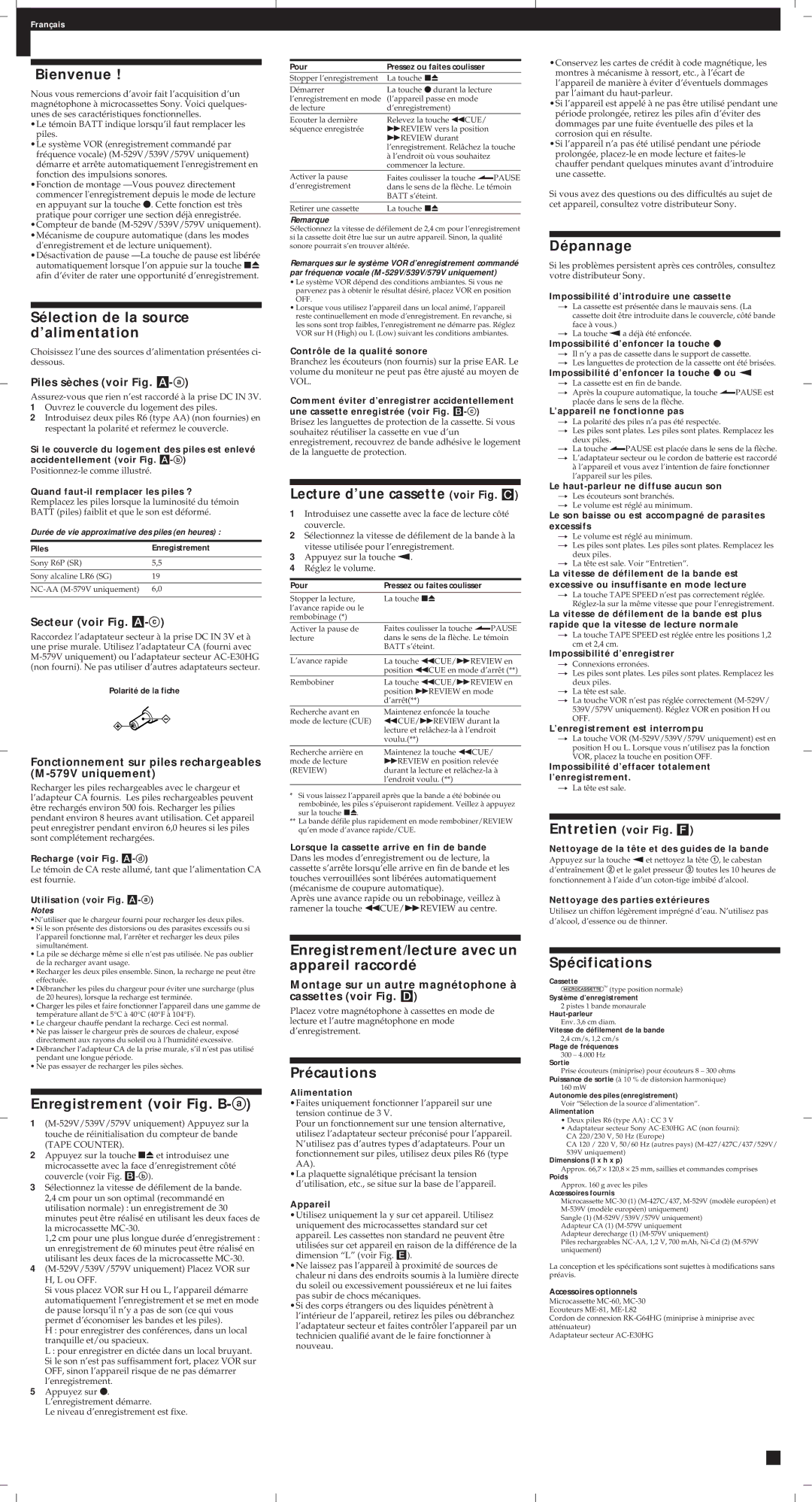 Sony 437, M-417, 427 Bienvenue, Sélection de la source d’alimentation, Enregistrement voir Fig. B-a, Précautions, Dépannage 