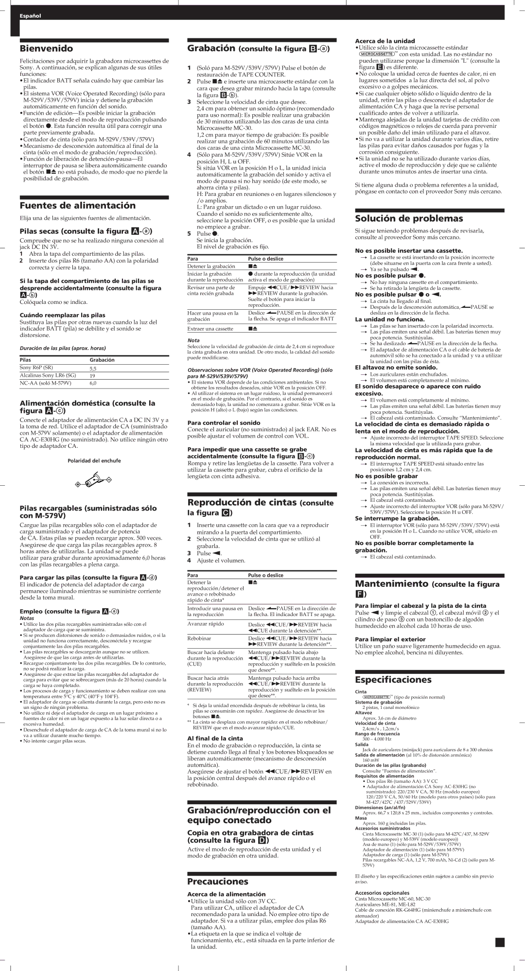 Sony 427, M-417 Bienvenido, Fuentes de alimentación, Solución de problemas, Reproducción de cintas consulte, Precauciones 