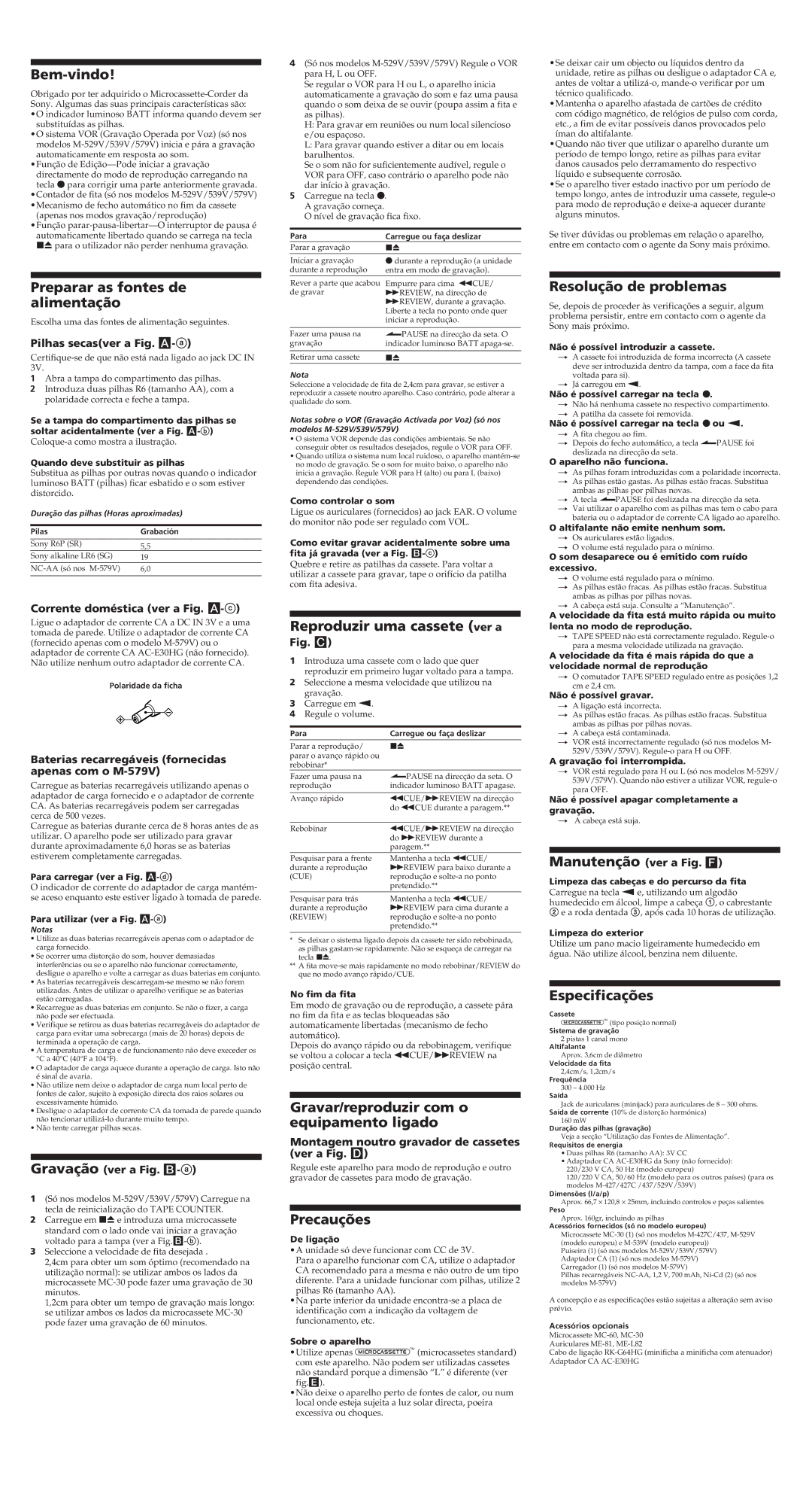 Sony M-417 Bem-vindo, Preparar as fontes de alimentação, Reproduzir uma cassete ver a, Precauções, Resolução de problemas 