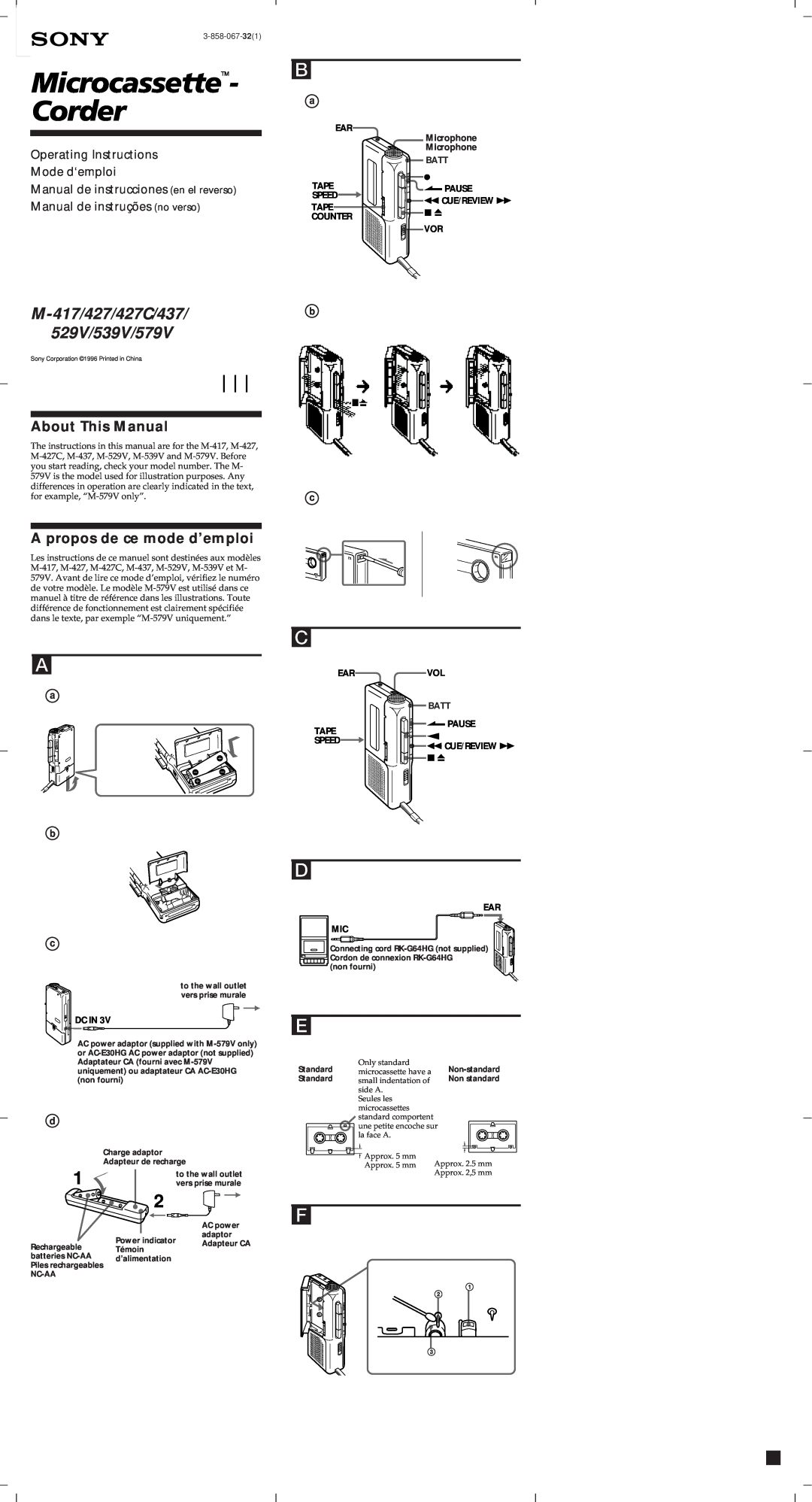 Sony operating instructions About This Manual, A propos de ce mode d’emploi, M-417/427/427C/437/ 529V/539V/579V 