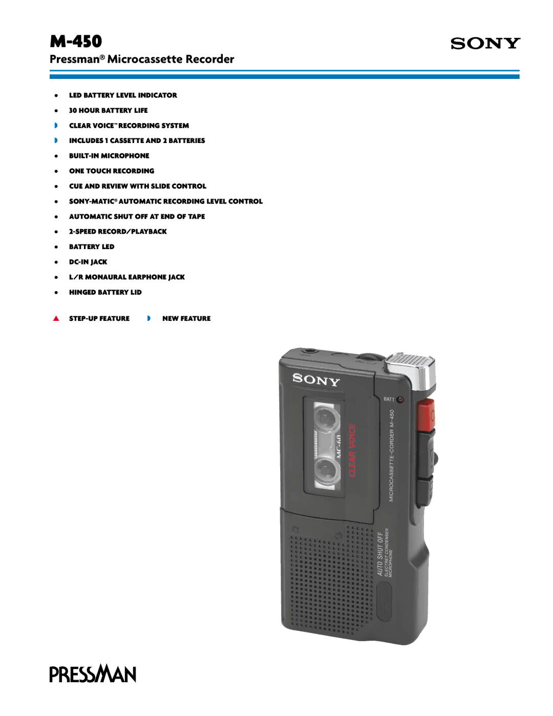 Sony M-450 manual Pressman Microcassette Recorder 