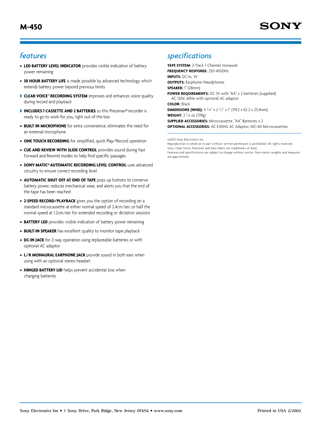 Sony M-450 manual Features, Specifications, An external microphone 