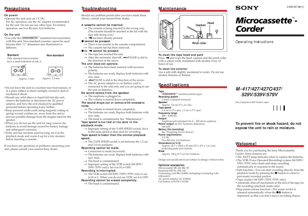 Sony M-579V, M-437, M-529V, M-427C specifications Precautions, Troubleshooting, Maintenance, Specifications, Welcome 