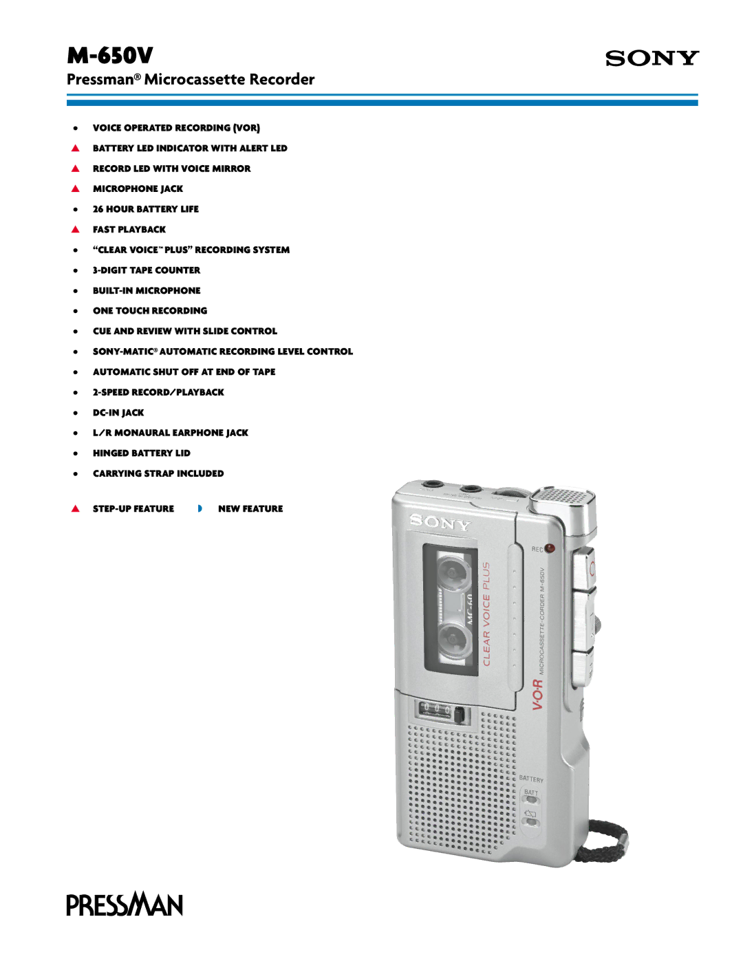 Sony M-650V manual Pressman Microcassette Recorder 