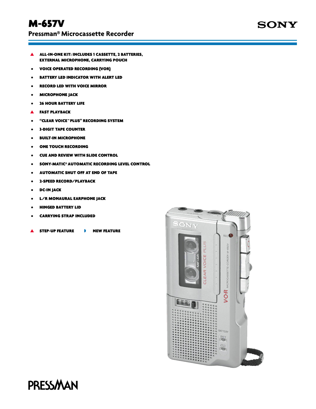 Sony M-657V manual Pressman Microcassette Recorder 