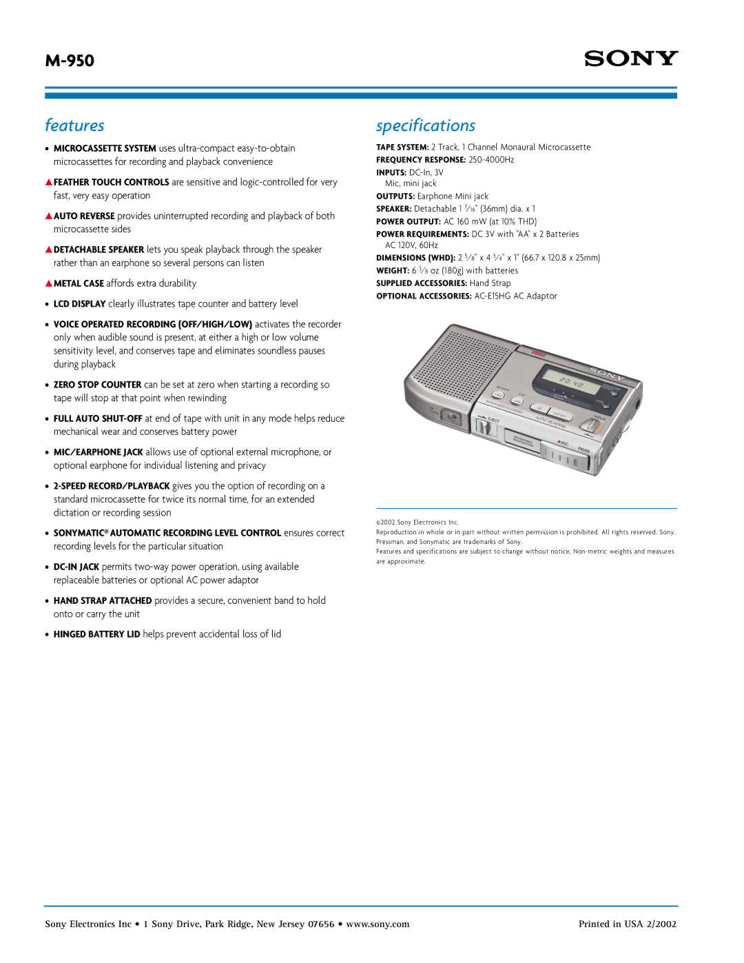 Sony M-950 manual Features, Specifications 