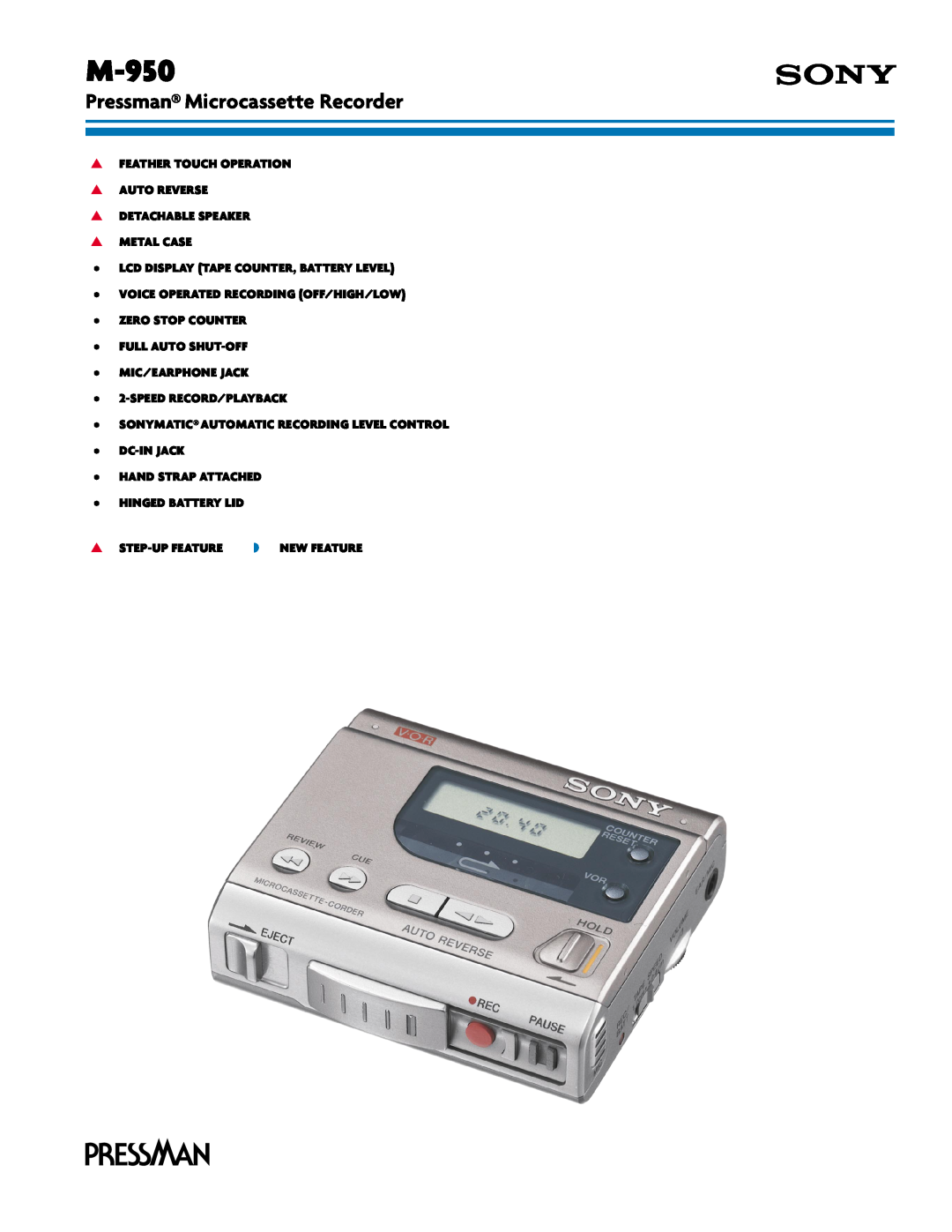 Sony M-950 manual Pressman Microcassette Recorder 