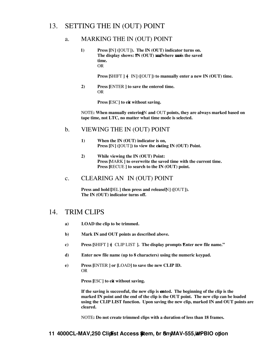 Sony MAV-555 user manual Setting the in OUT Point, Trim Clips, Marking the in OUT Point, Viewing the in OUT Point 